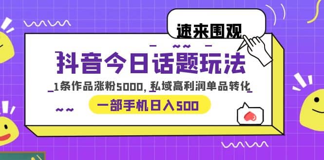 抖音今日话题玩法，1条作品涨粉5000，私域高利润单品转化 一部手机日入500-优优资源网