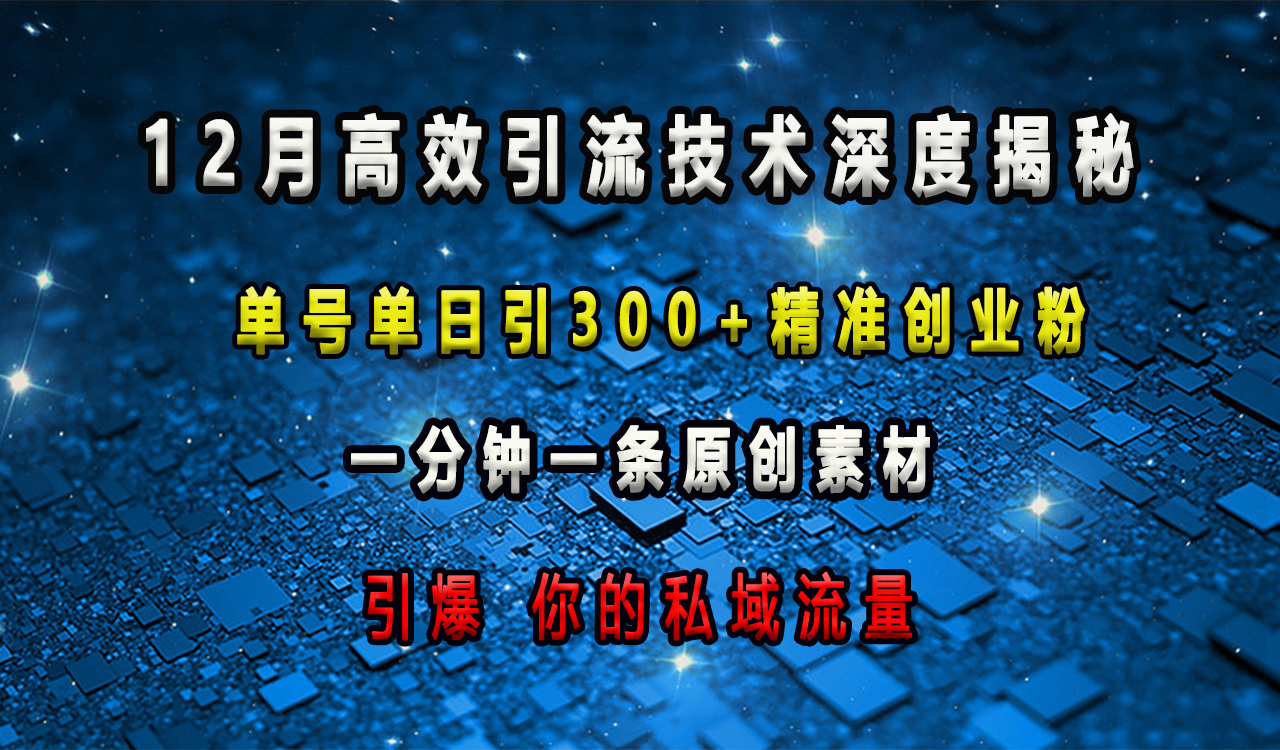 12月高效引流技术深度揭秘 ，单号单日引300+精准创业粉，一分钟一条原创素材，引爆你的私域流量-优优资源网