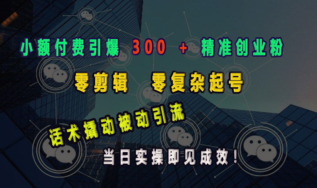 小额付费引爆 300 + 精准创业粉，零剪辑、零复杂起号，话术撬动被动引流，当日实操即见成效！-优优资源网