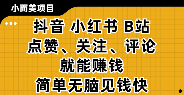 小而美的项目，抖音、小红书、B站视频点赞、关注、评论就能赚钱，简单无脑立见收益！妥妥的零撸项目-优优资源网