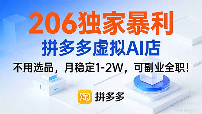 206独家暴利，拼多多虚拟AI店，不用选品，月稳定1-2W，可副业全职！-俊哥