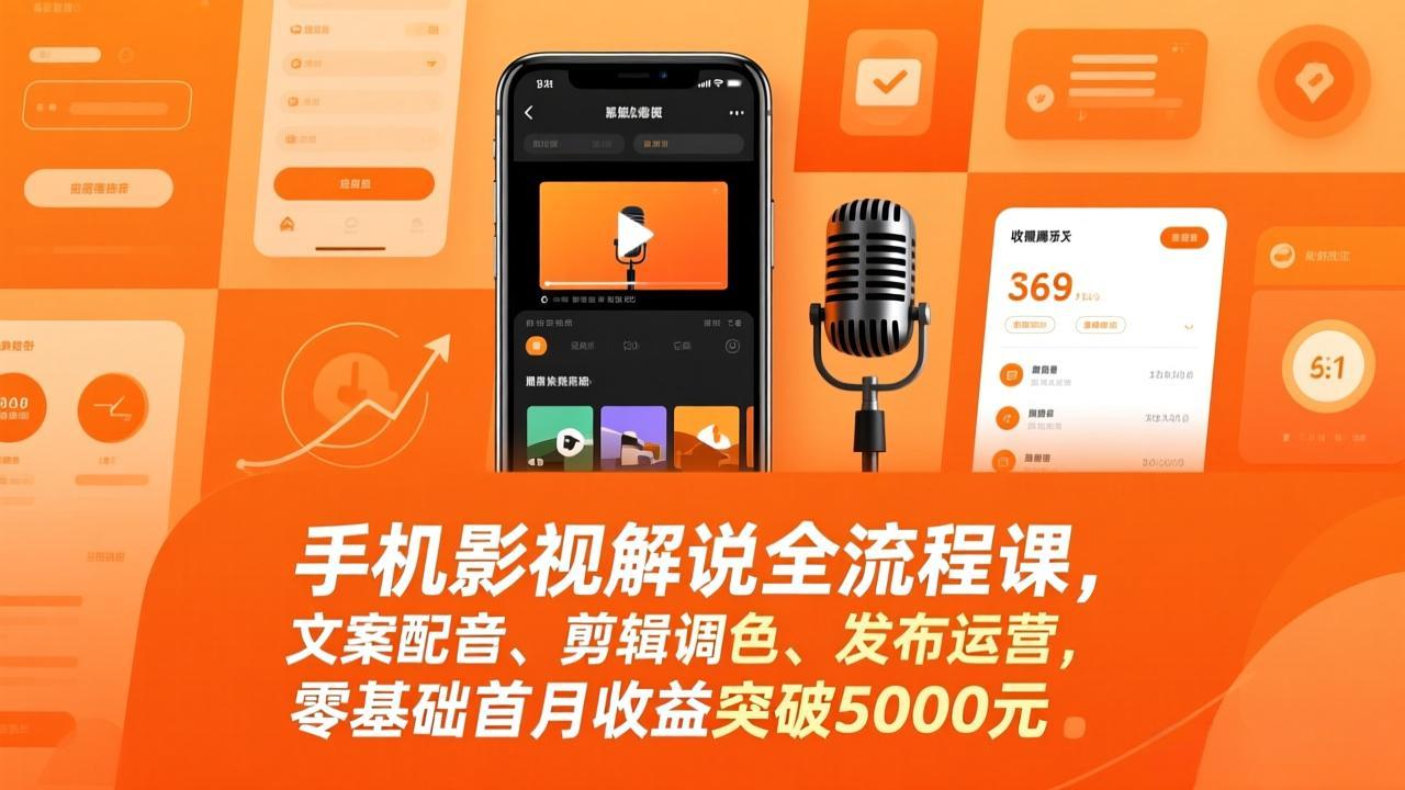 手机影视解说全流程课,文案配音、剪辑调色、发布运营,零基础首月收益突破5000元-俊哥