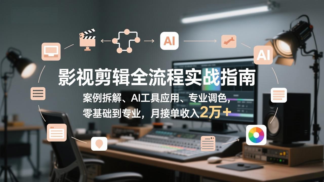 影视剪辑全流程实战指南,案例拆解、AI工具应用、专业调色,零基础到专业,月接单收入2万+-俊哥