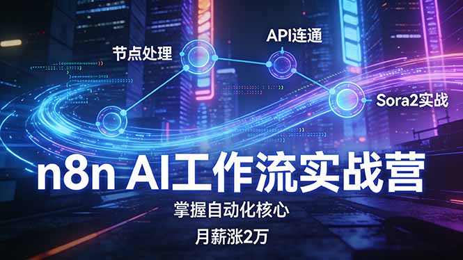n8n AI工作流实战营,节点处理+API连通+Sora2实战,掌握自动化核心月薪涨2万-俊哥