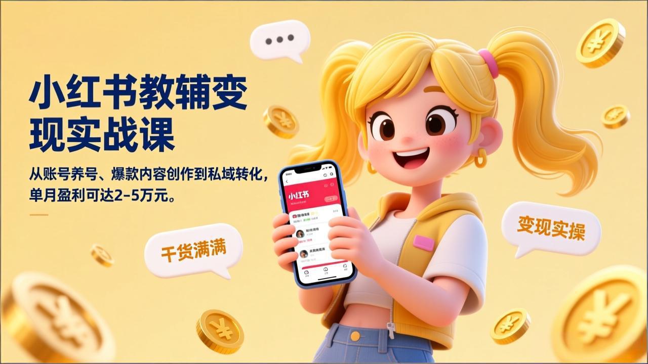 小红书教辅变现实战课，从账号养号、爆款内容创作到私域转化，单月盈利可达2-5万元-俊哥