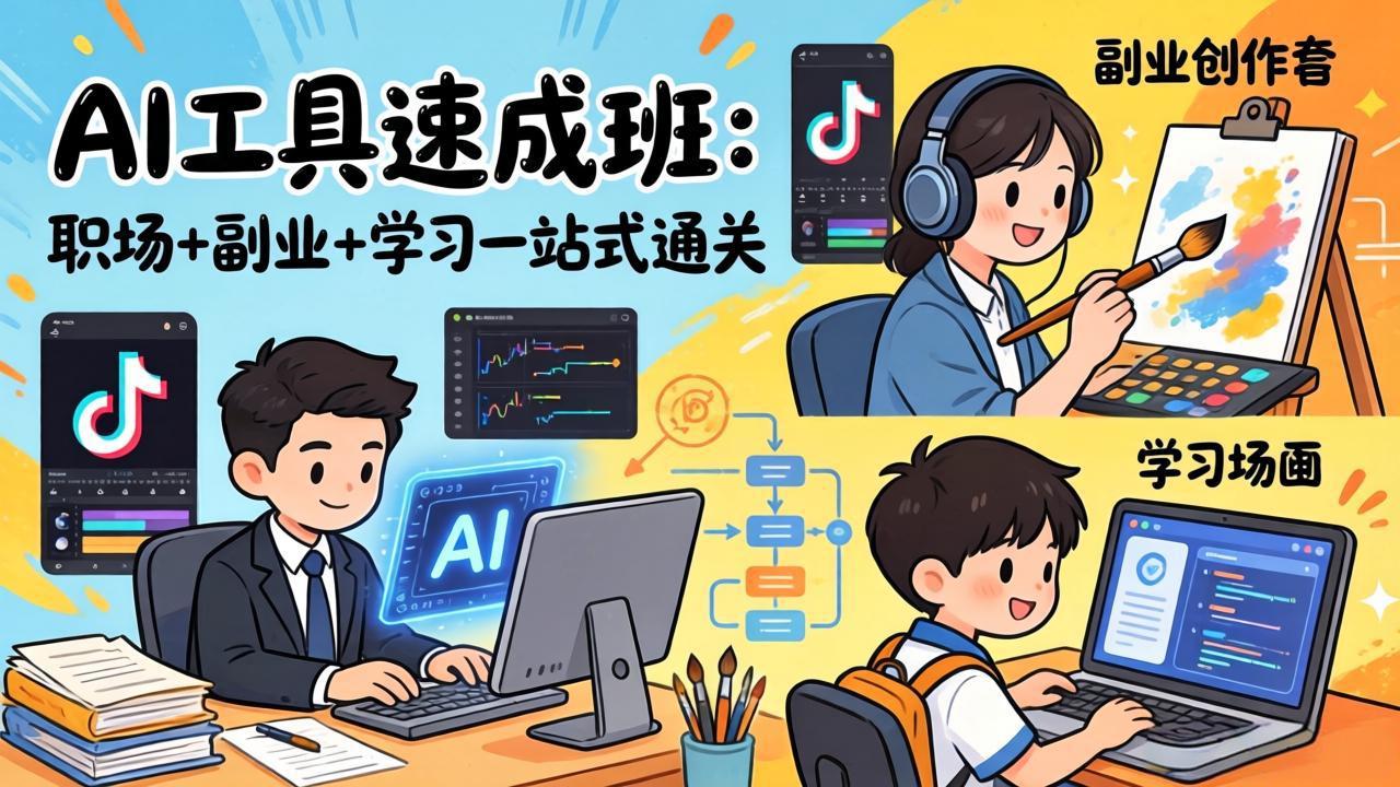 AI工具速成班：职场+副业+学习一站式通关，20+爆款类型+剪映技巧+抖音算法，0基础快速上手-俊哥