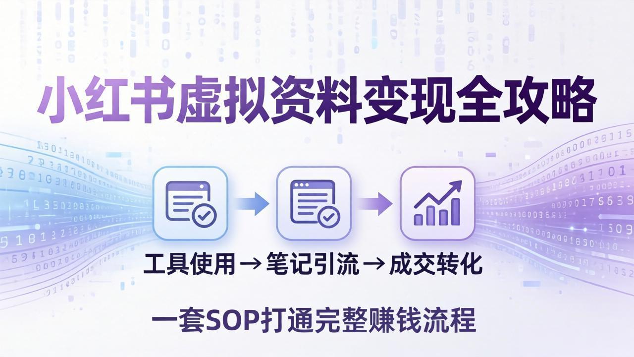 小红书虚拟资料变现全攻略：从工具使用到笔记引流成交，一套 SOP 打通完整赚钱流程-俊哥