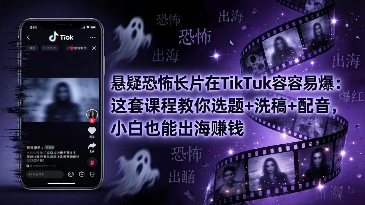悬疑恐怖长片在TikTok最容易爆：这套课程教你选题+洗稿+配音，小白也能出海赚钱-俊哥