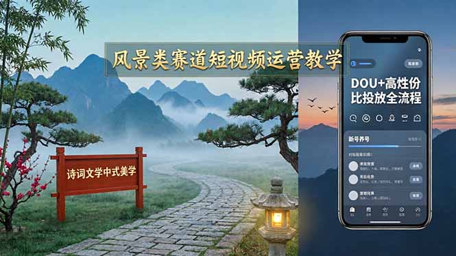 风景类赛道短视频运营教学：诗词文学中式美学，新号养号对标账号定位，DOU+高性价比投放全流程-俊哥