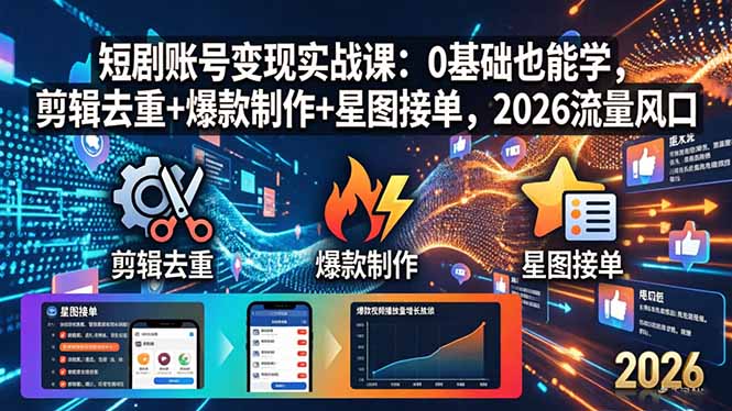 短剧账号变现实战课：0基础也能学，剪辑去重+爆款制作+星图接单，2026流量风口-俊哥