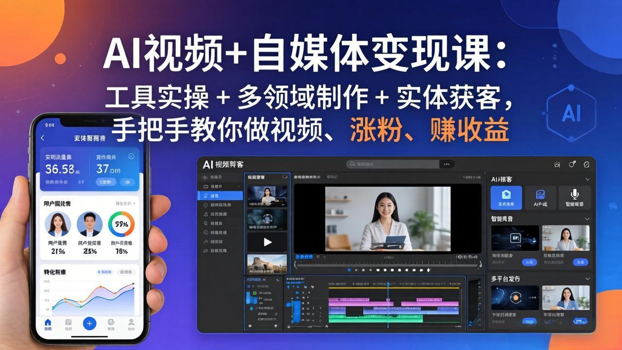 AI视频+自媒体变现课：工具实操 + 多领域制作 + 实体获客，手把手教你做视频、涨粉、赚收益-俊哥