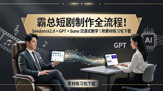 霸总短剧制作全流程！Seedance2.0 + GPT + Suno 沉浸式教学｜附素材练习包下载-俊哥