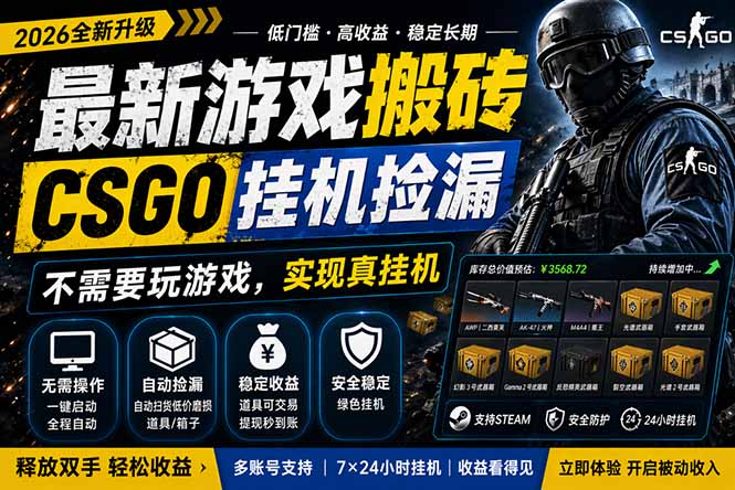 最新游戏搬砖，CSGO纯挂机，不需要玩游戏，实现真挂机，月入1W+，五一小高峰上车可吃肉，…-俊哥