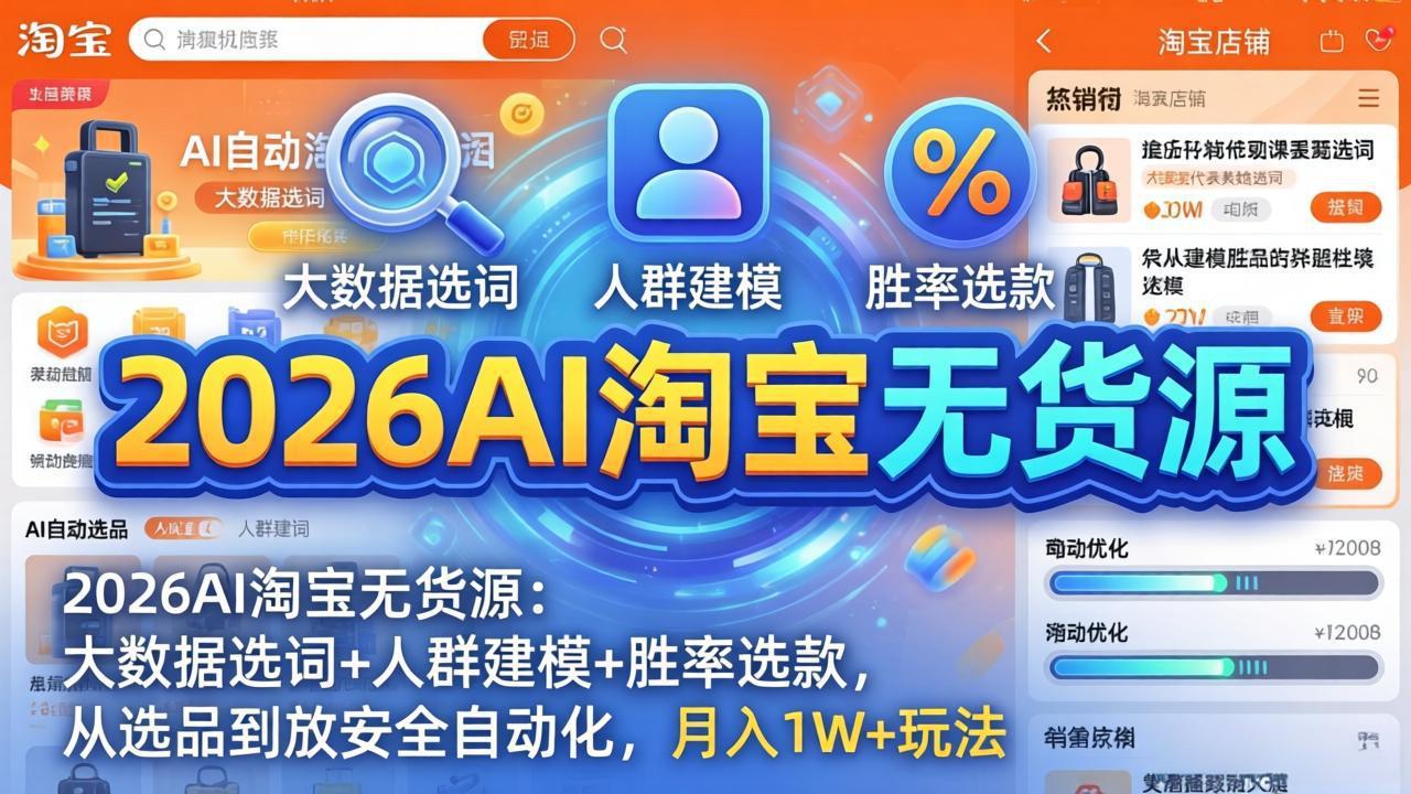 2026AI淘宝无货源-4月更新：大数据选词+人群建模+胜率选款，从选品到放大全自动化，月入1W+玩法-俊哥