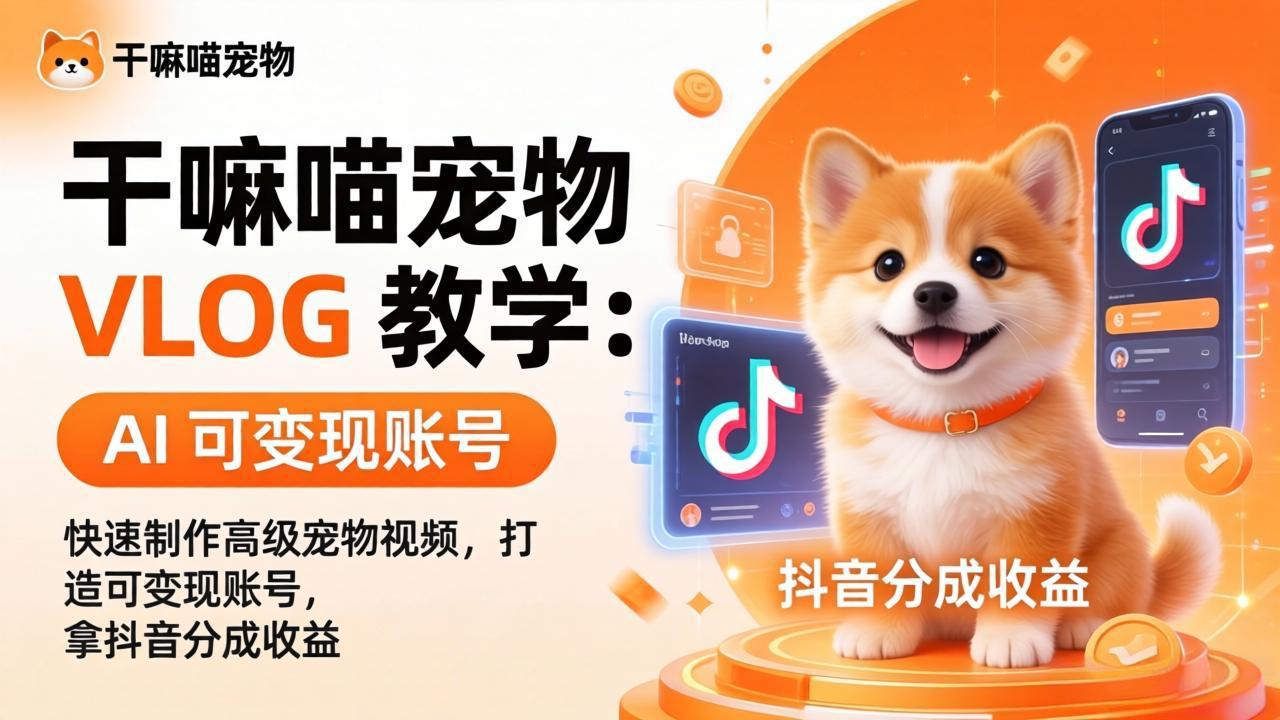 干嘛喵宠物 VLOG 教学：AI 快速制作高级宠物视频，打造可变现账号，拿抖音分成收益-俊哥