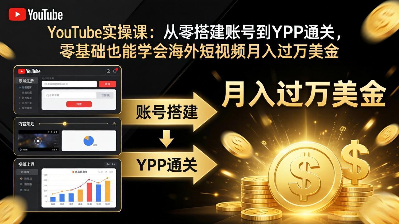 YouTube实操课：从零搭建账号到YPP通关，零基础也能学会海外短视频月入过万美金-俊哥