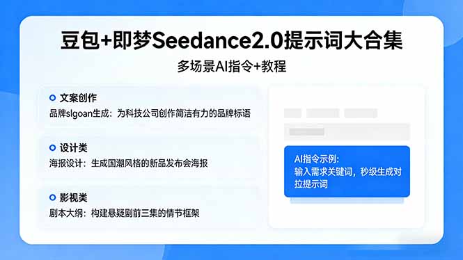 豆包+即梦Seedance2.0提示词大合集：多场景AI指令+教程，解锁文案、设计、影视高效创作-俊哥