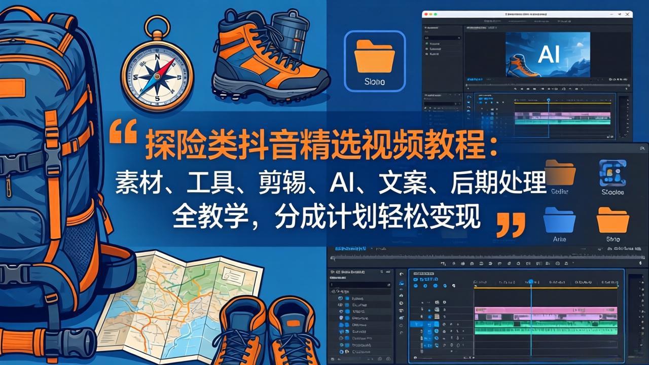 探险类抖音精选视频教程：素材、工具、剪辑、AI、文案、后期处理全教学，分成计划轻松变现-俊哥