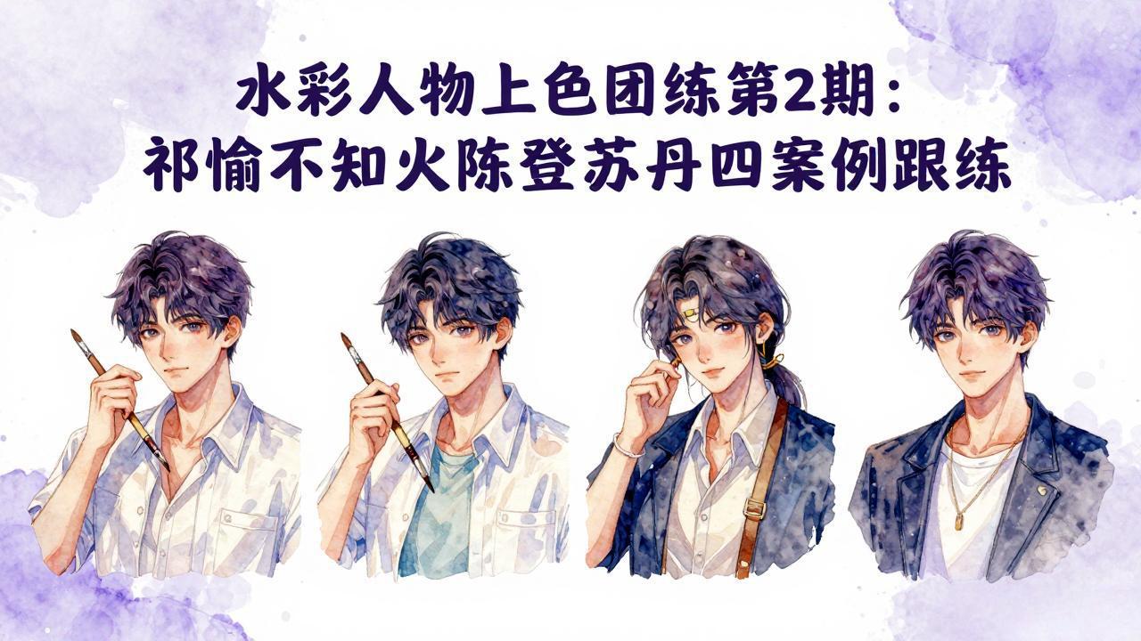 水彩人物上色团练第2期：祁煜不知火陈登苏丹四案例跟练，手把手提升绘画能力-俊哥