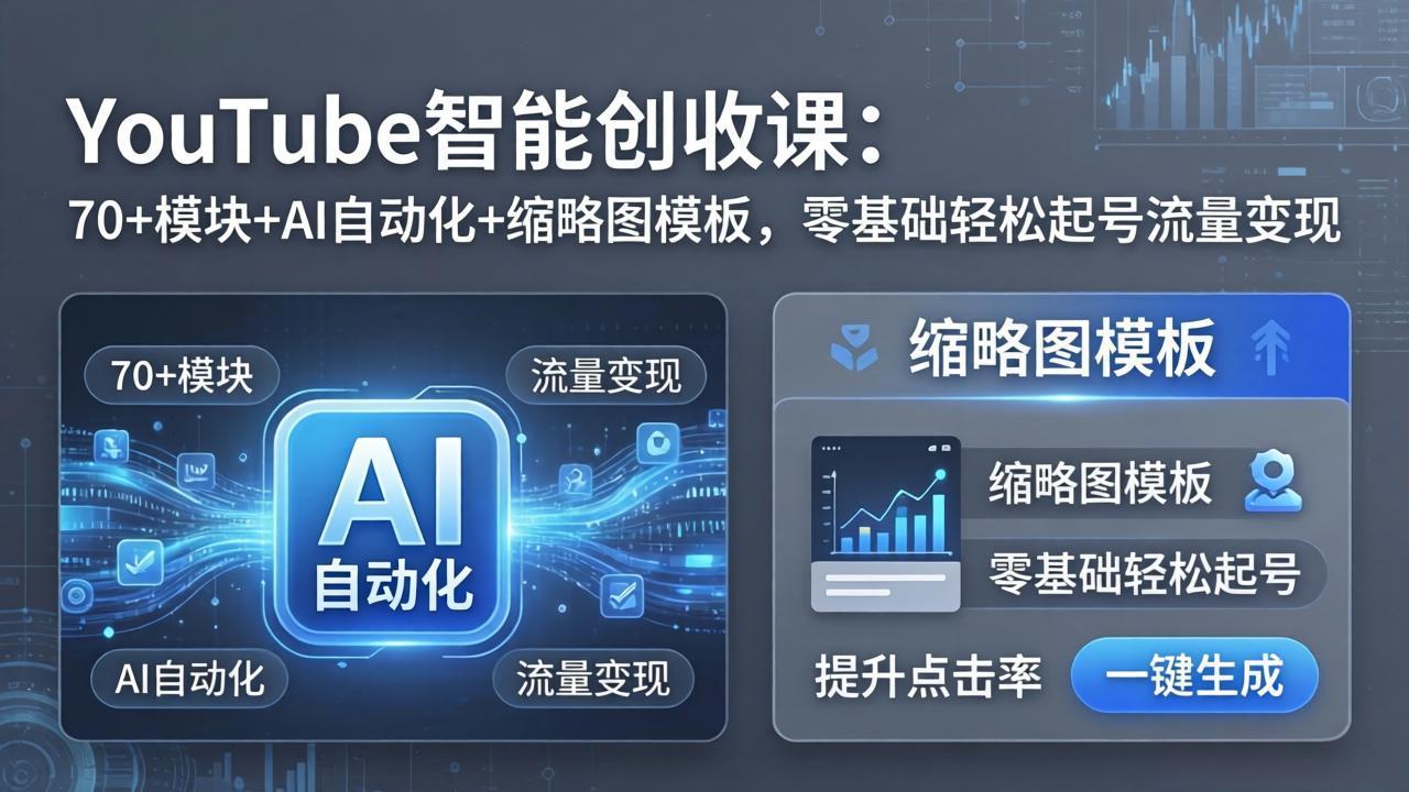 YouTube智能创收课：70+模块+AI自动化+缩略图模板，零基础轻松起号流量变现-俊哥