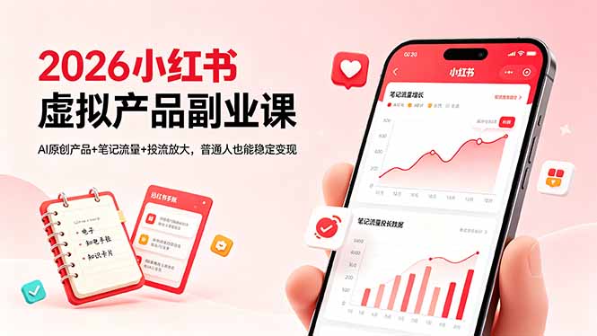 2026小红书虚拟产品副业课,AI原创产品+笔记流量+投流放大,普通人也能稳定变现-俊哥