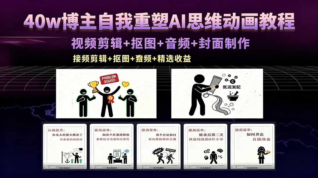 40w博主自我重塑AI思维动画教程，视频剪辑+抠图+音频+封面制作，接商单+独家精选收益-俊哥