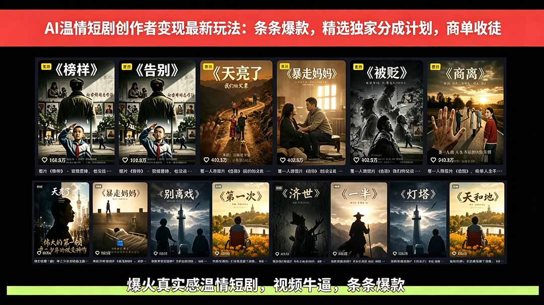 AI温情短剧创作者变现最新玩法：视频牛逼，条条爆款，精选独家分成计划，商单收徒-俊哥