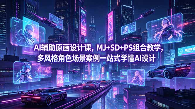 AI辅助原画设计课，MJ+SD+PS组合教学，多风格角色场景案例一站式学懂AI设计-俊哥
