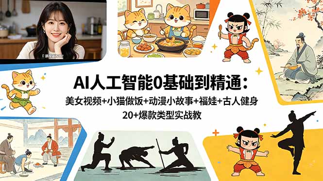 AI人工智能0基础到精通:美女视频+小猫做饭+动漫小故事+福娃+古人健身,20+爆款类型实战教学-俊哥