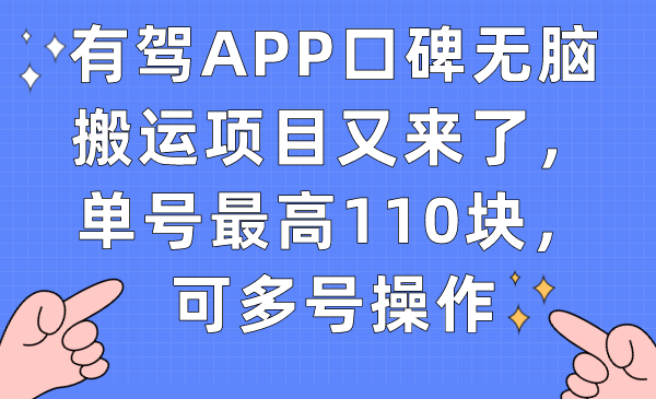 有驾APP口碑无脑搬运项目又来了，单号最高110块，可多号操作-优优资源网