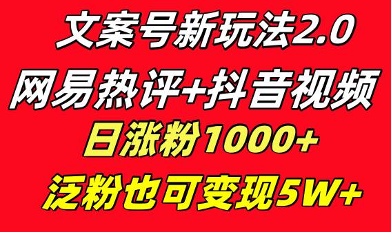 文案号新玩法 网易热评+抖音文案 一天涨粉1000+ 多种变现模式 泛粉也可变现-优优资源网