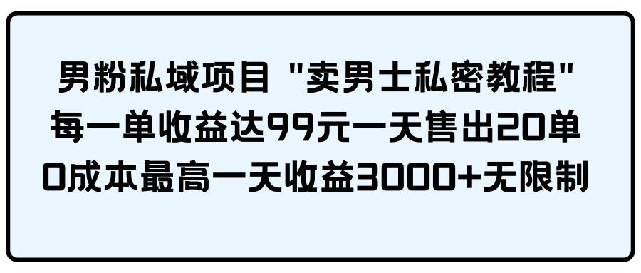 男粉私域项目 卖男士私密教程 每一单收益达99元一天售出20单-优优资源网