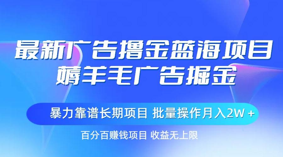 最新广告撸金蓝海项目，薅羊毛广告掘金 长期项目 批量操作月入2W＋-优优资源网