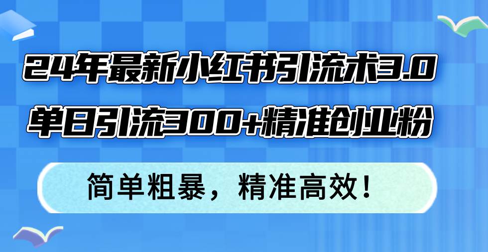 24年最新小红书引流术3.0，单日引流300+精准创业粉，简单粗暴，精准高效！-优优资源网